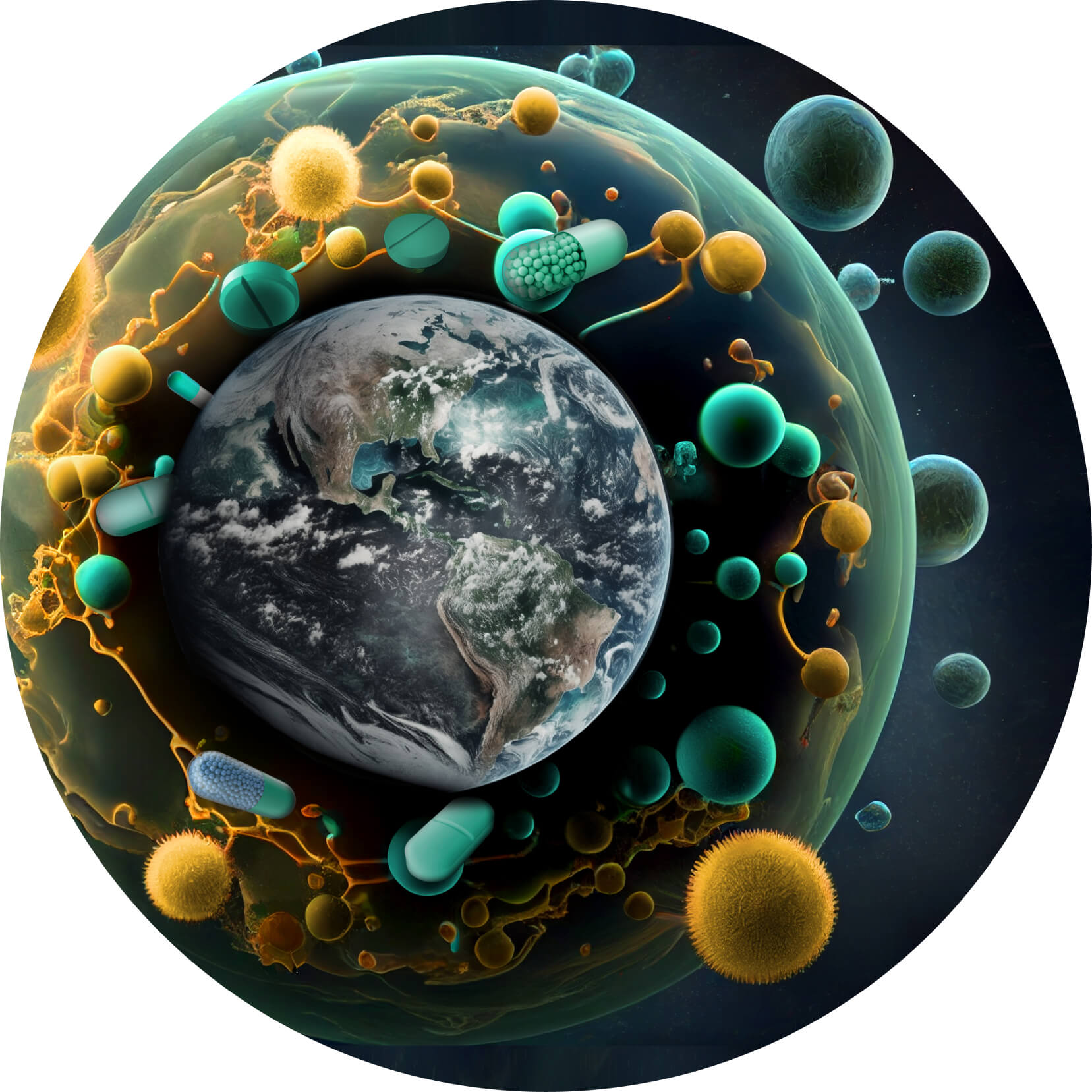Graphic of earth with fat cells and pills